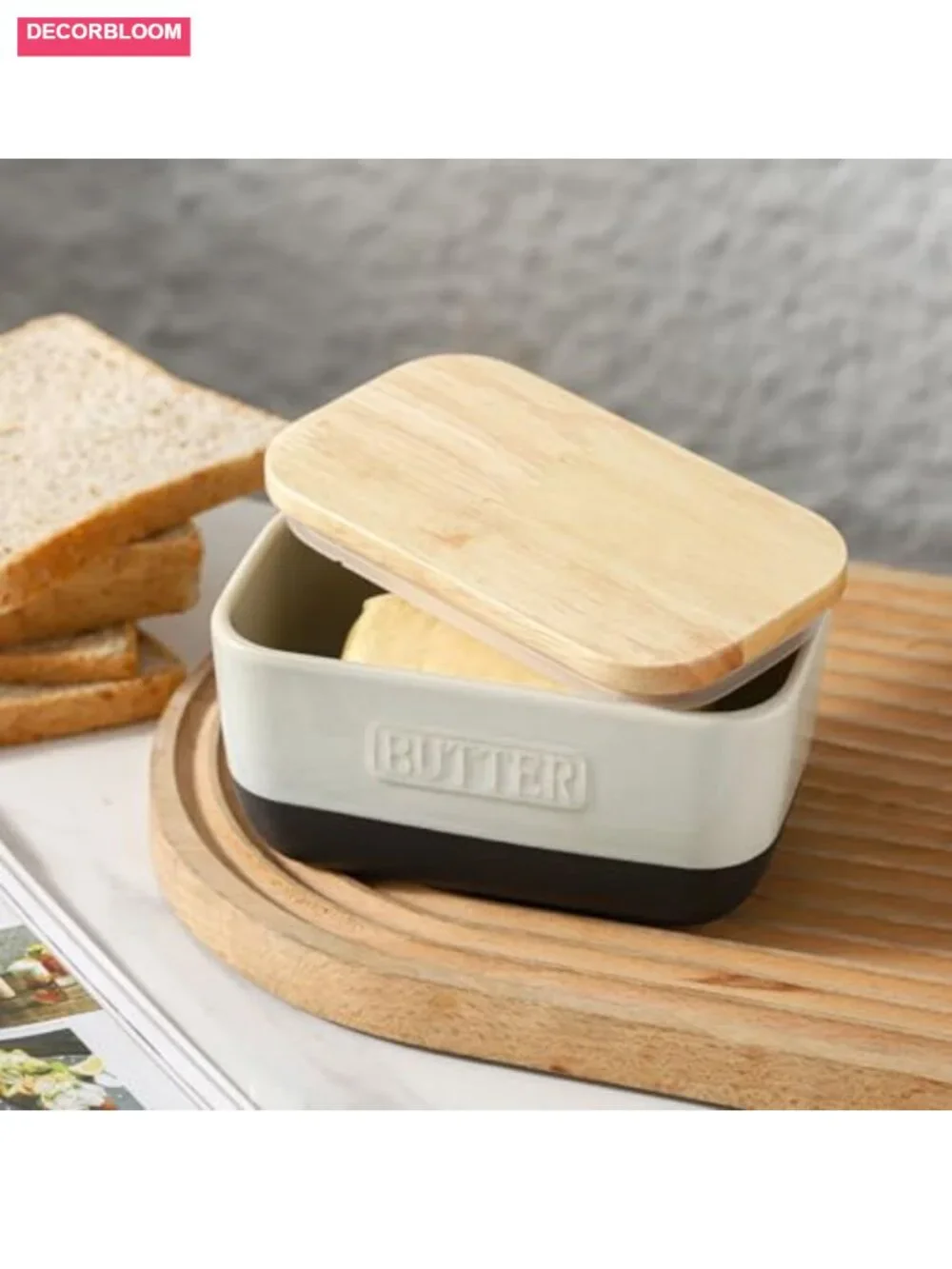 Ceramic Butter Dish with Wooden Lid Airtight Keeper Farmhouse